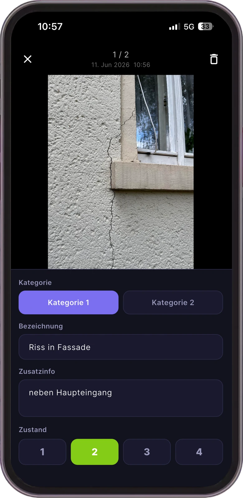 Rev2 Fotodoku App: Riss in der Fassade erfassen mit Kategorie, Bezeichnung und Zustand